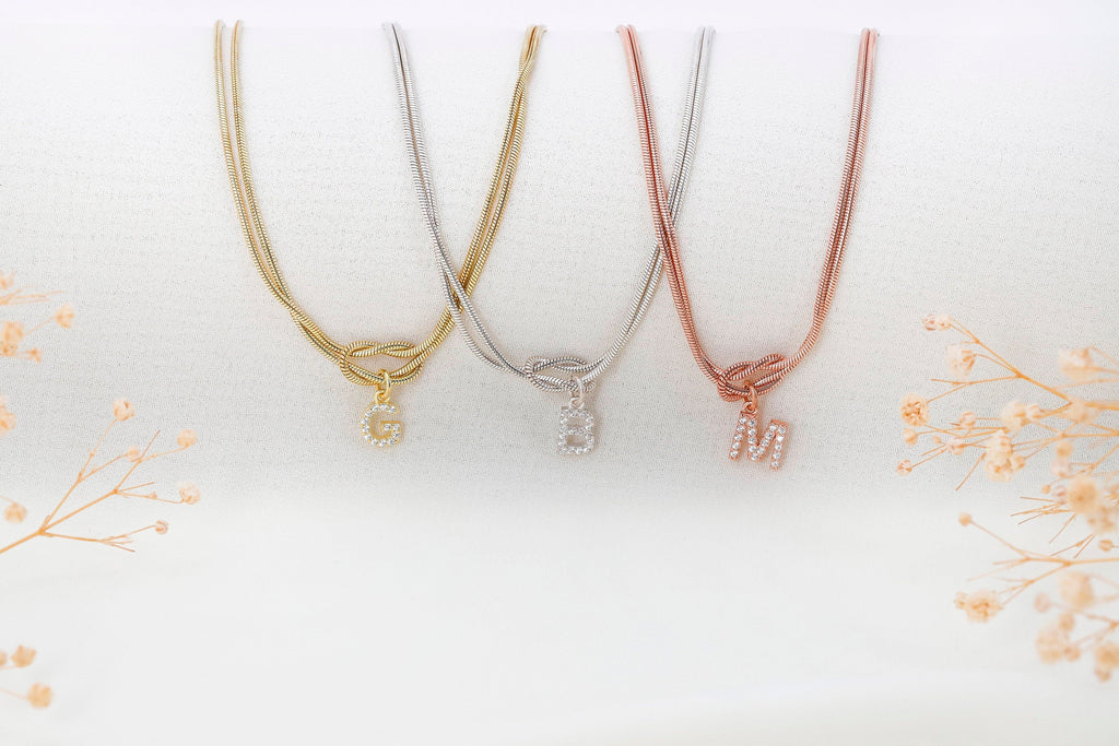 Initial Charm Necklace, Solid 925 Sterling Silver Love Knot
