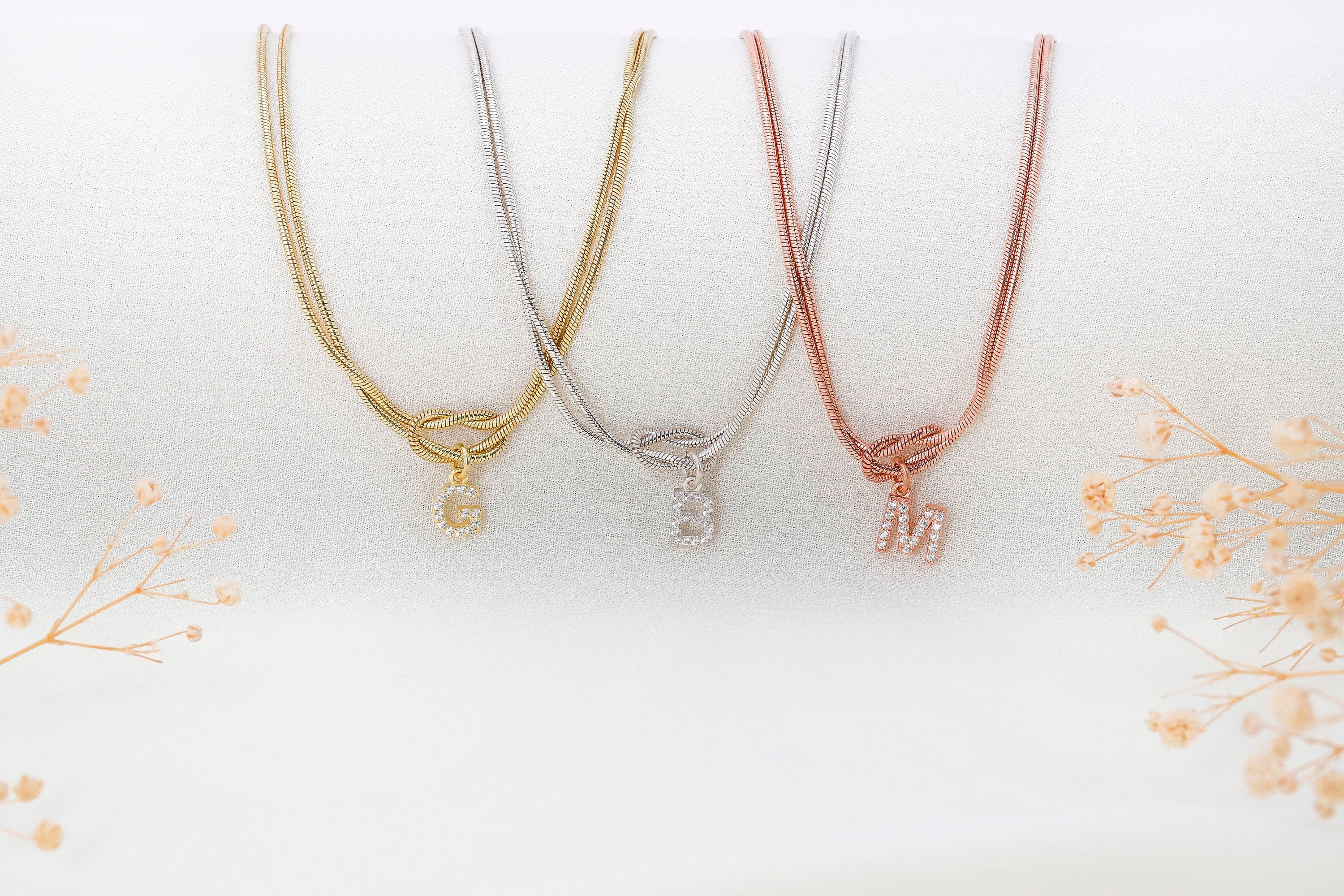Initial Charm Necklace, Solid 925 Sterling Silver Love Knot