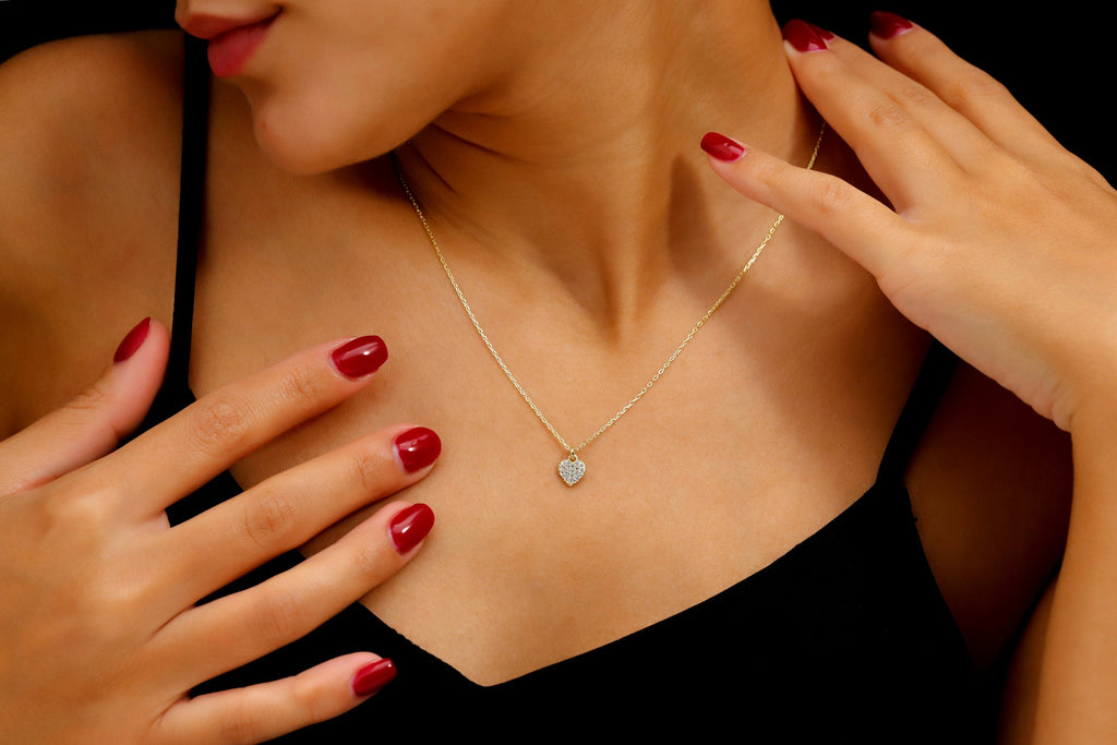 14k Gold Heart Necklace, Pave Diamond Heart Pendant
