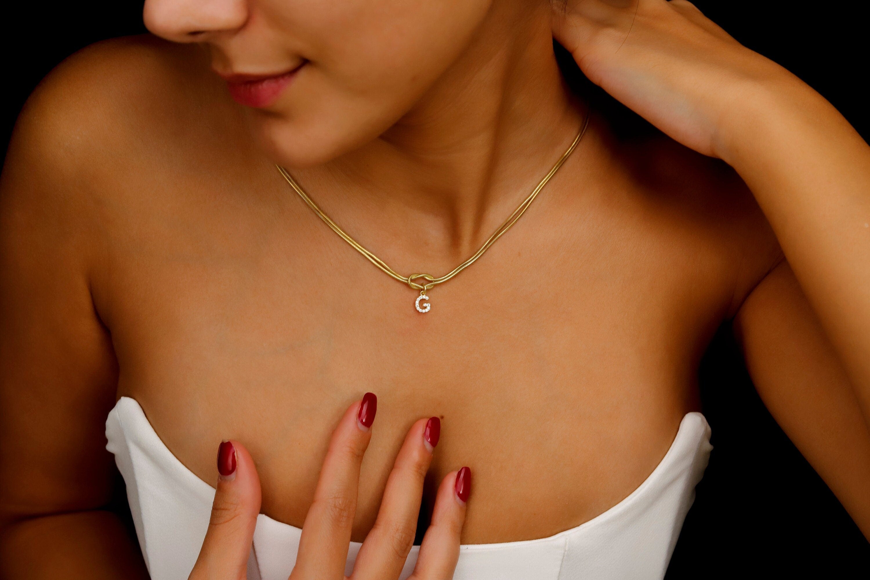 Initial Charm Necklace, Solid 925 Sterling Silver Love Knot