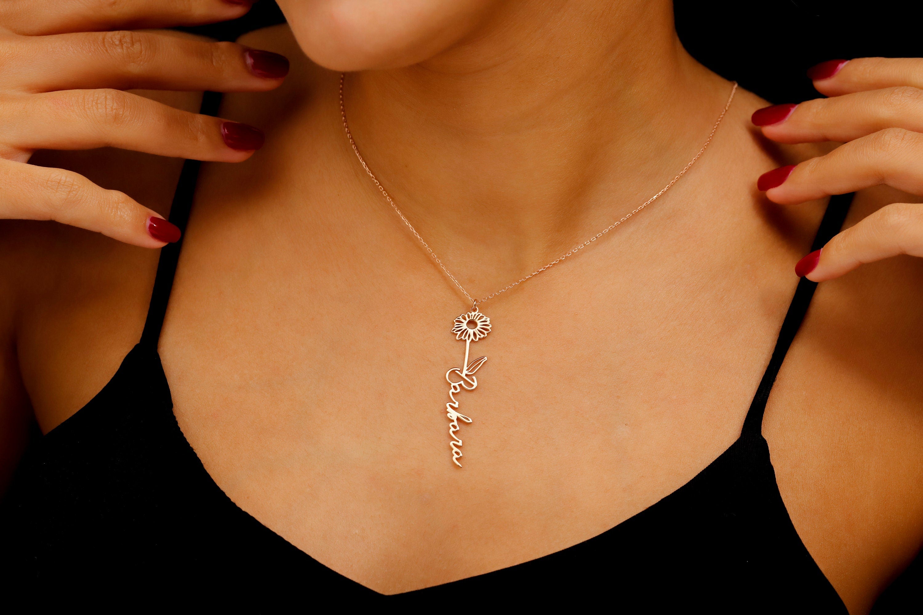 Birth Flower Name Necklace, Sterling Silver Floral Necklace