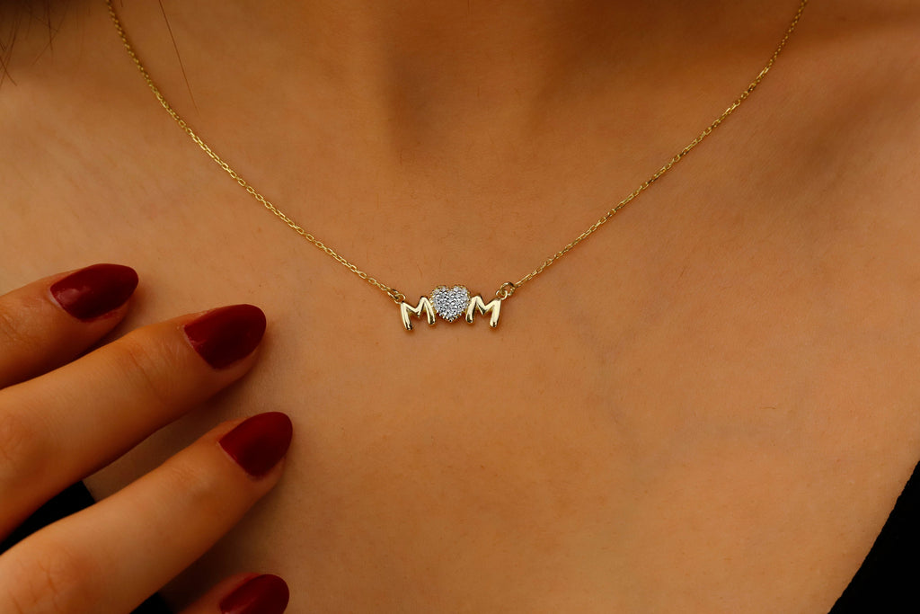 Sterling Silver Mom Necklace, Sparkling Diamond Heart Pendant