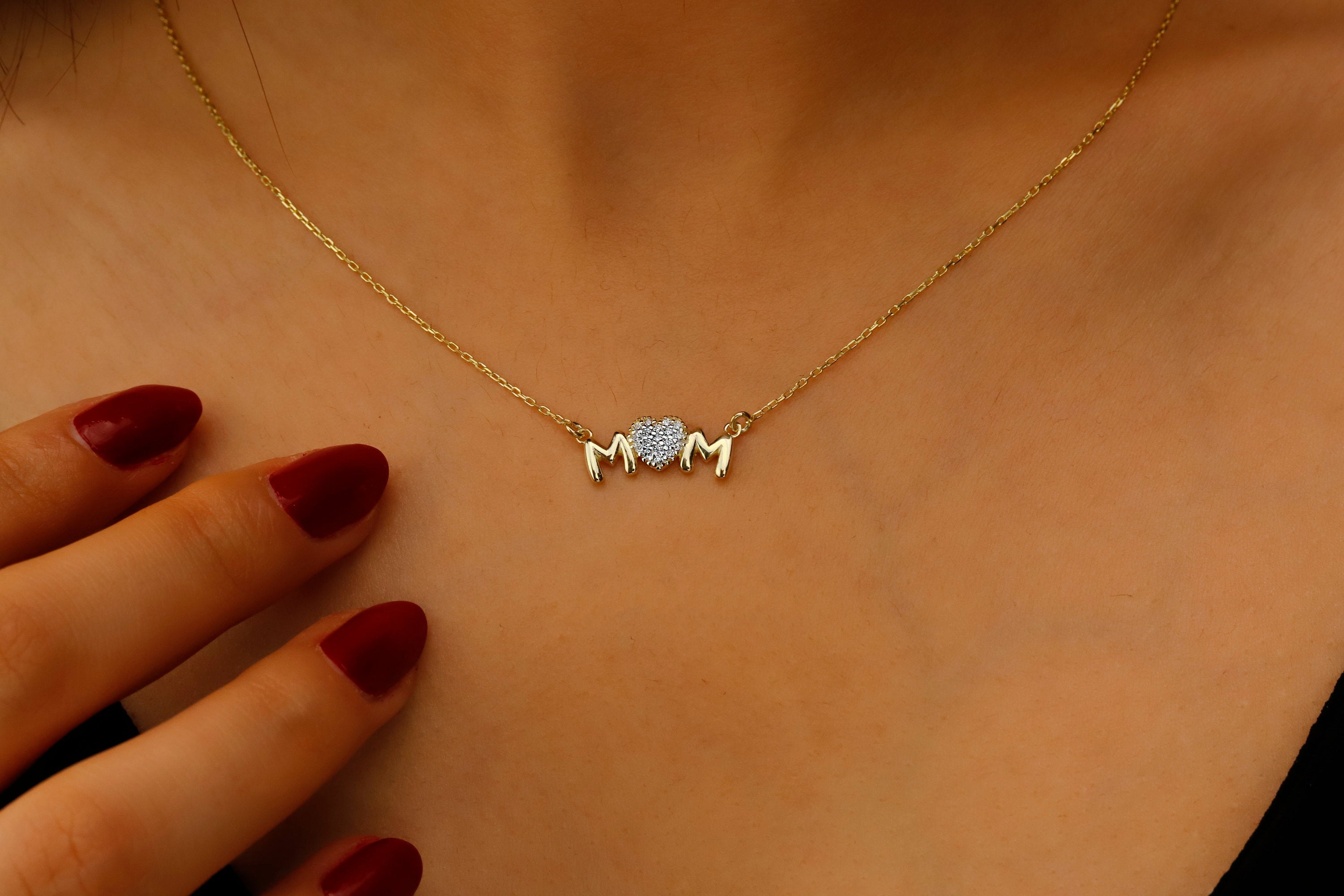 Sterling Silver Mom Necklace, Sparkling Diamond Heart Pendant