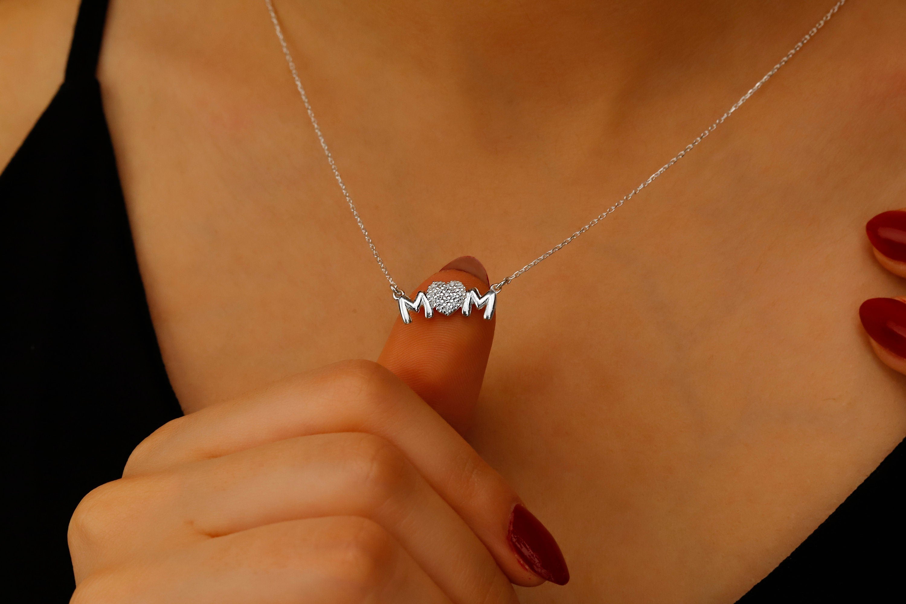 Sterling Silver Mom Necklace, Sparkling Diamond Heart Pendant