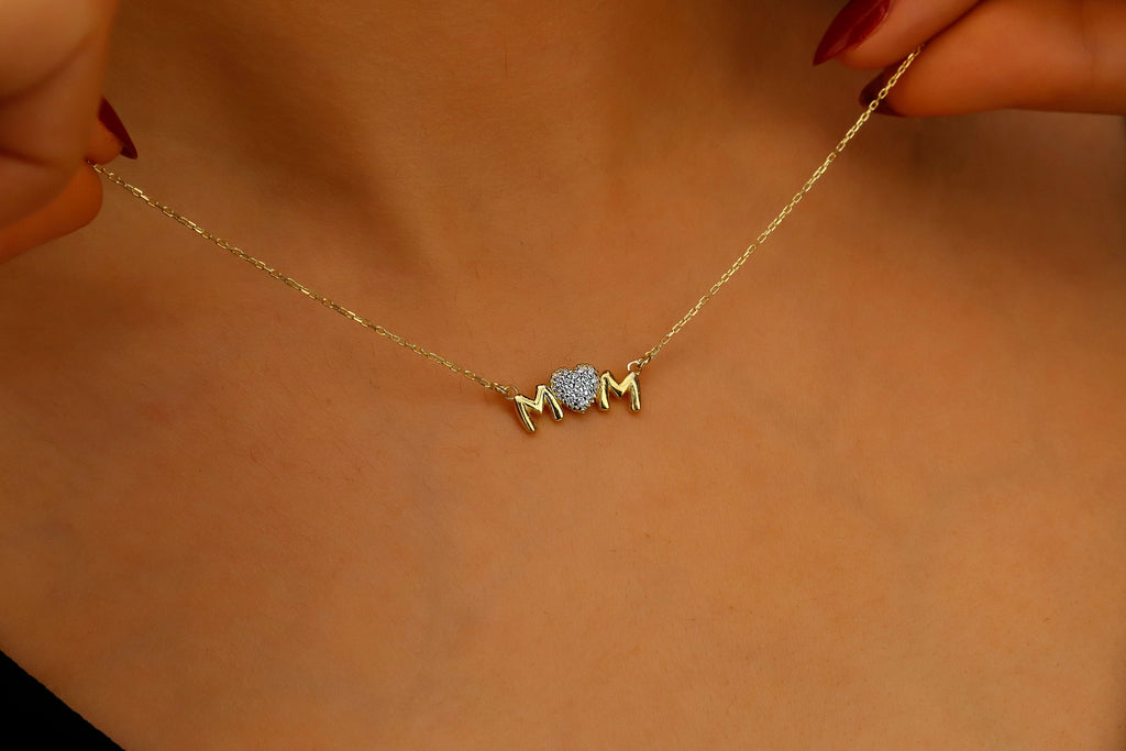 Sterling Silver Mom Necklace, Sparkling Diamond Heart Pendant