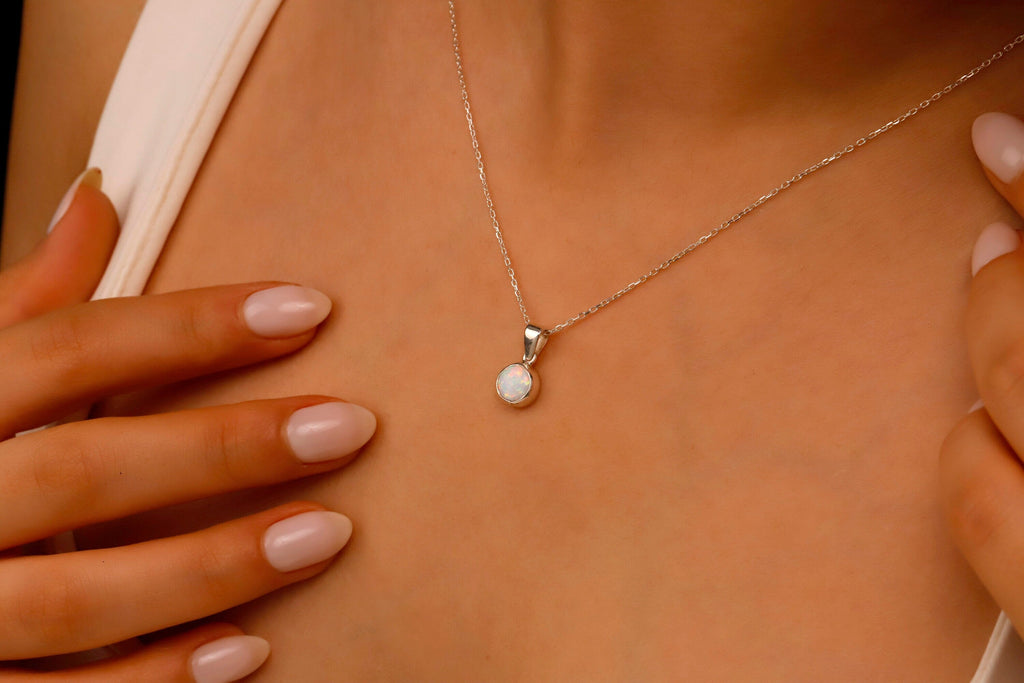 White Opal Charm Necklace, Sterling Silver Pendant