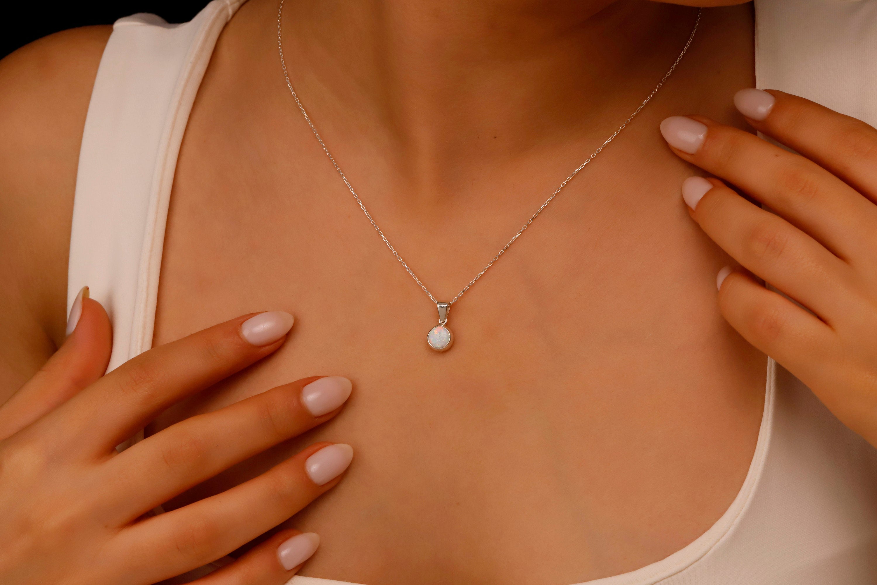 White Opal Charm Necklace, Sterling Silver Pendant
