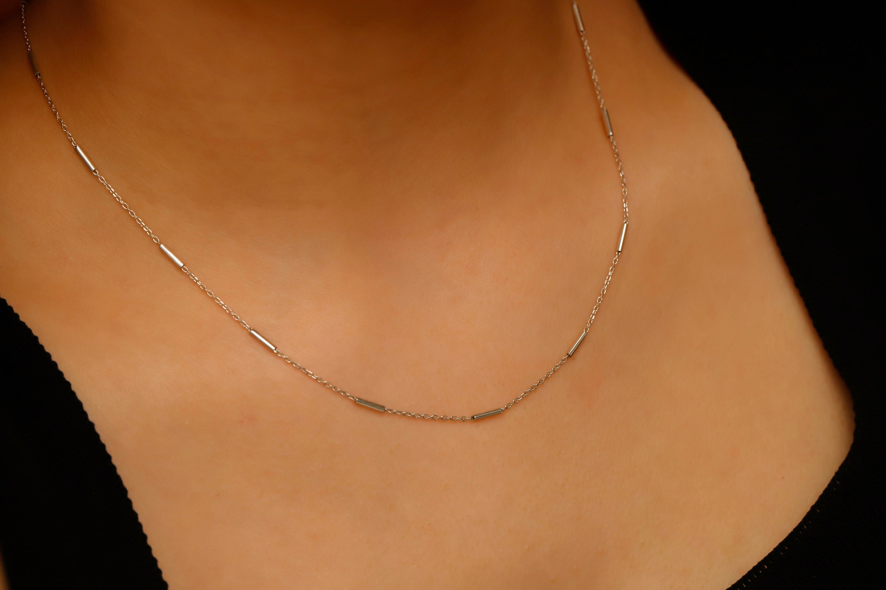 Sterling Silver Satellite Choker Necklace, Dainty Bar Chain