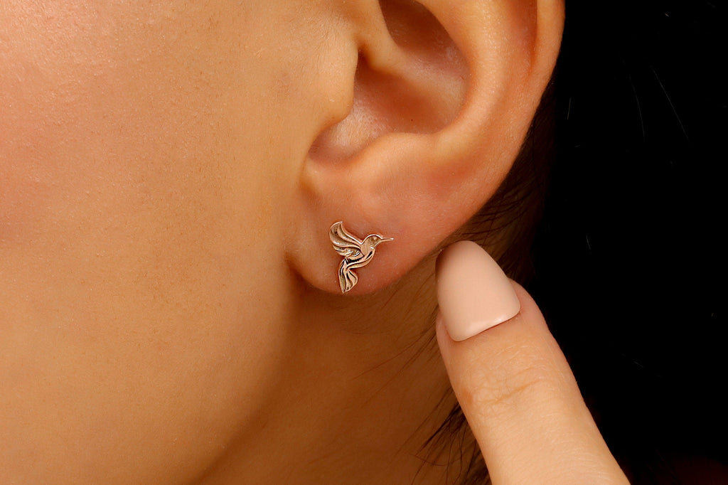 Hummingbird Earrings, 925 Sterling Silver Bird Stud Earrings