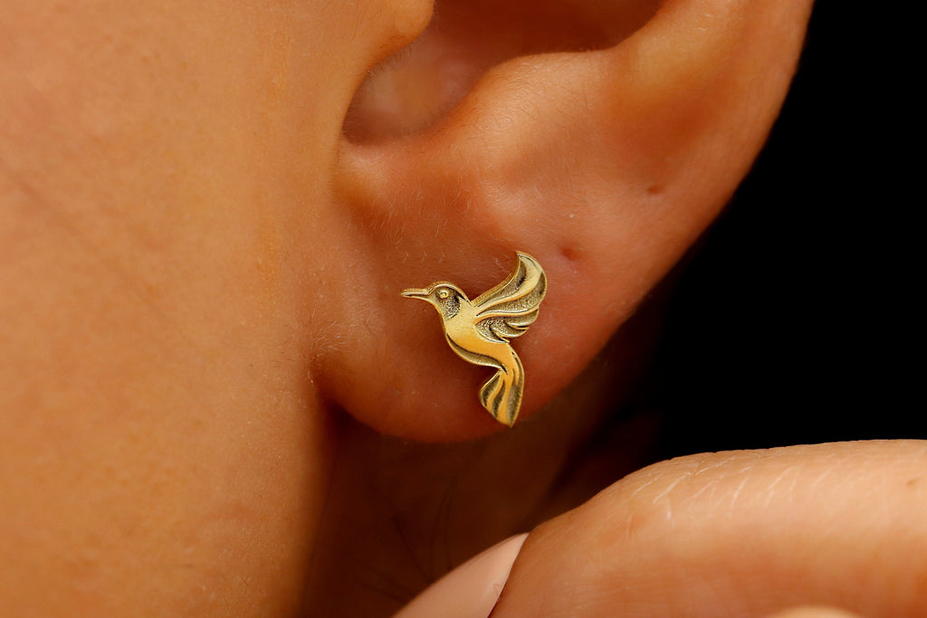 Hummingbird Earrings, 925 Sterling Silver Bird Stud Earrings