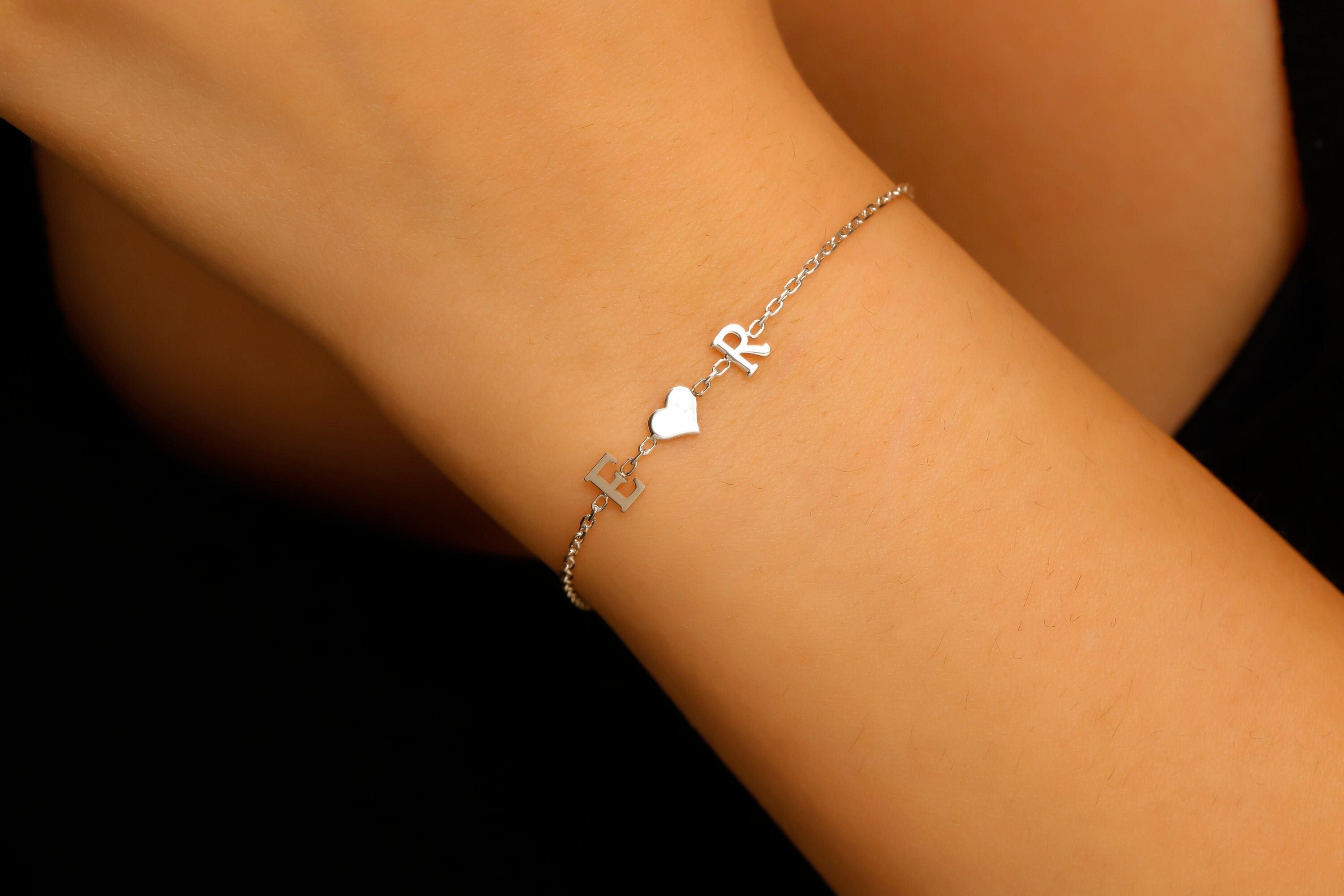 Personalized Initial Bracelet, Sterling Silver Heart Birthstone