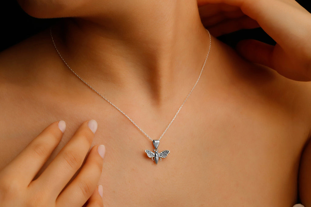 14K Gold Bee Necklace, 925 Sterling Silver Bee Pendant