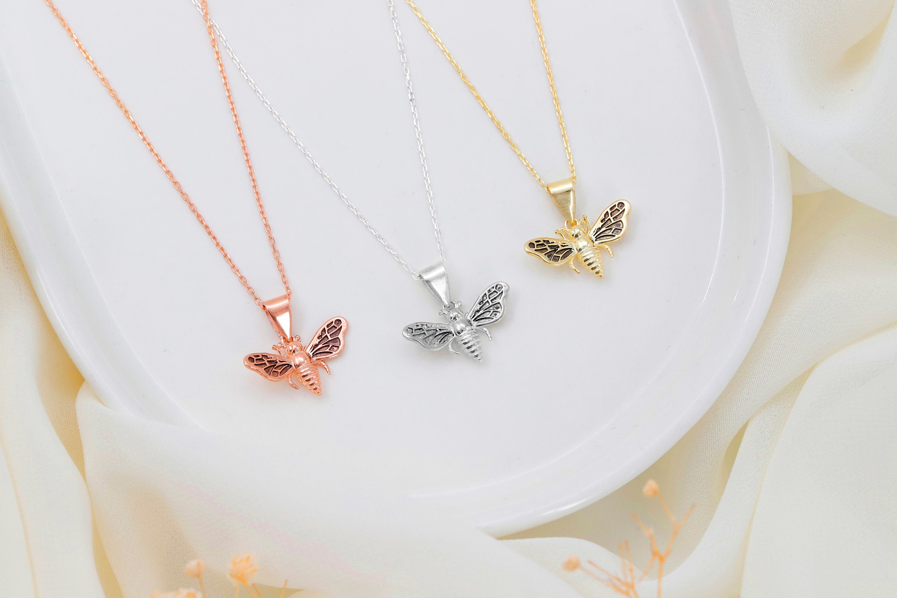 14K Gold Bee Necklace, 925 Sterling Silver Bee Pendant