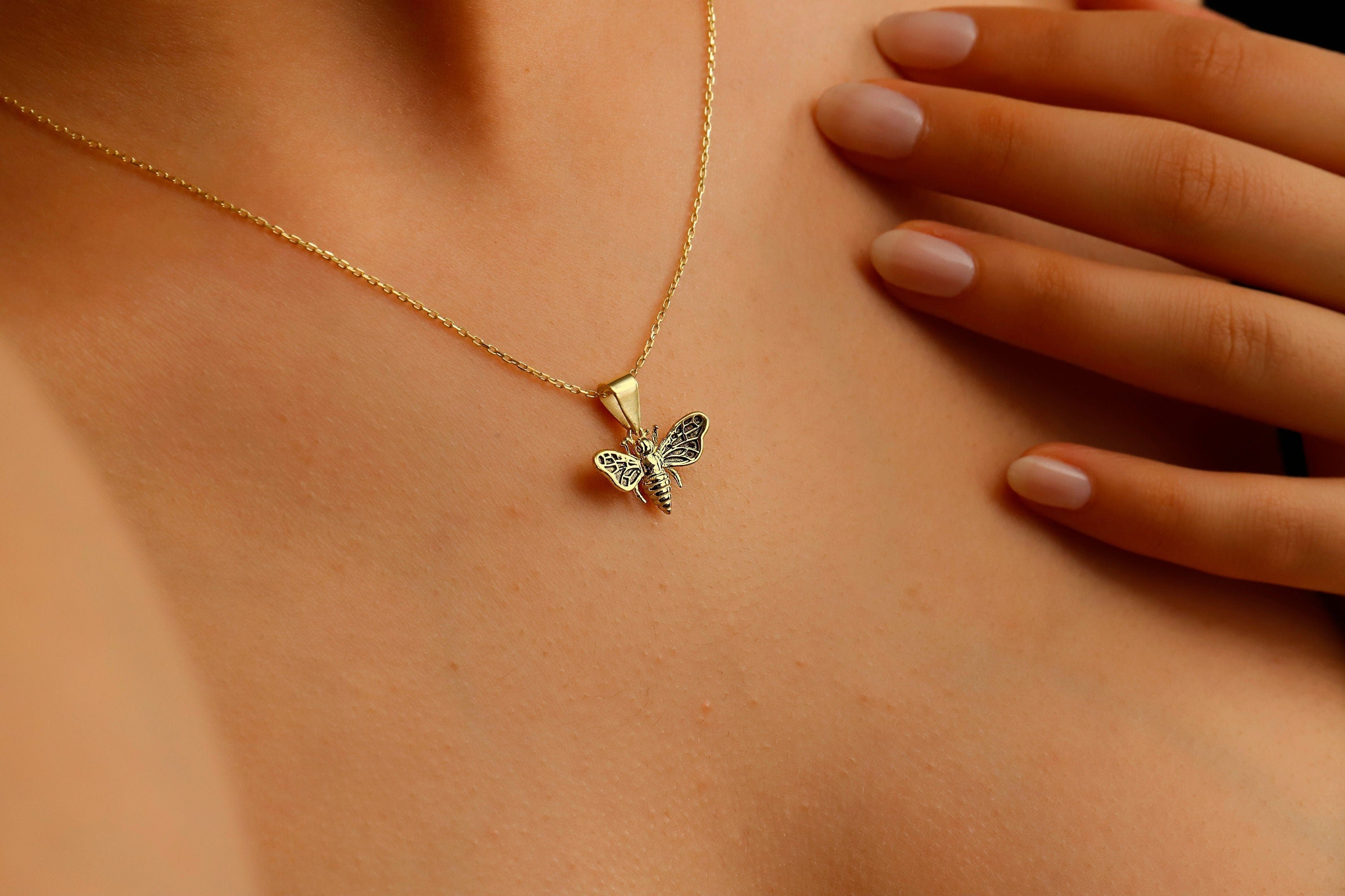 14K Gold Bee Necklace, 925 Sterling Silver Bee Pendant
