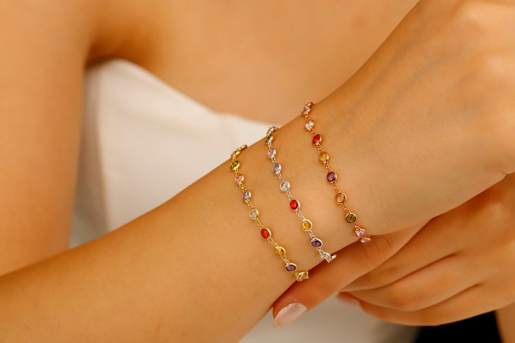 Rainbow Baguette Bracelet, 925 Sterling Silver Multi-Station