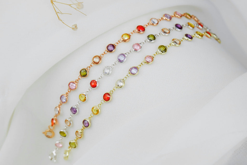 Rainbow Baguette Bracelet, 925 Sterling Silver Multi-Station