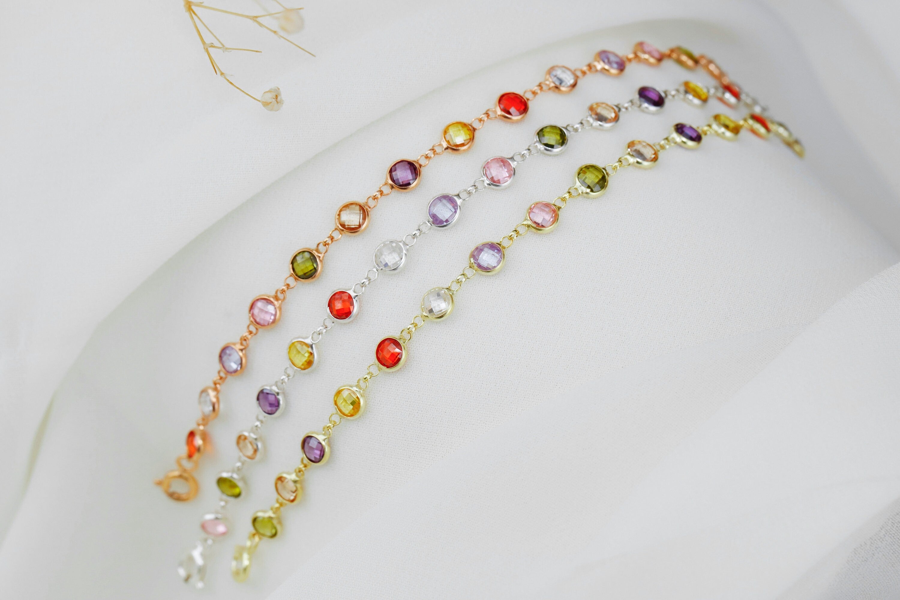 Rainbow Baguette Bracelet, 925 Sterling Silver Multi-Station