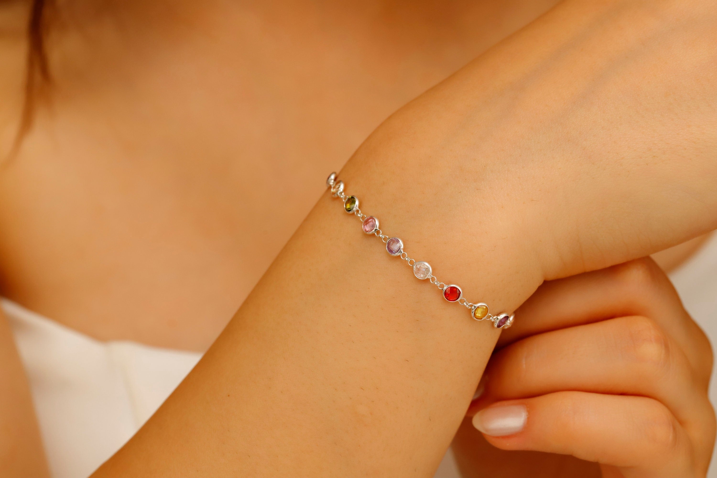 Rainbow Baguette Bracelet, 925 Sterling Silver Multi-Station