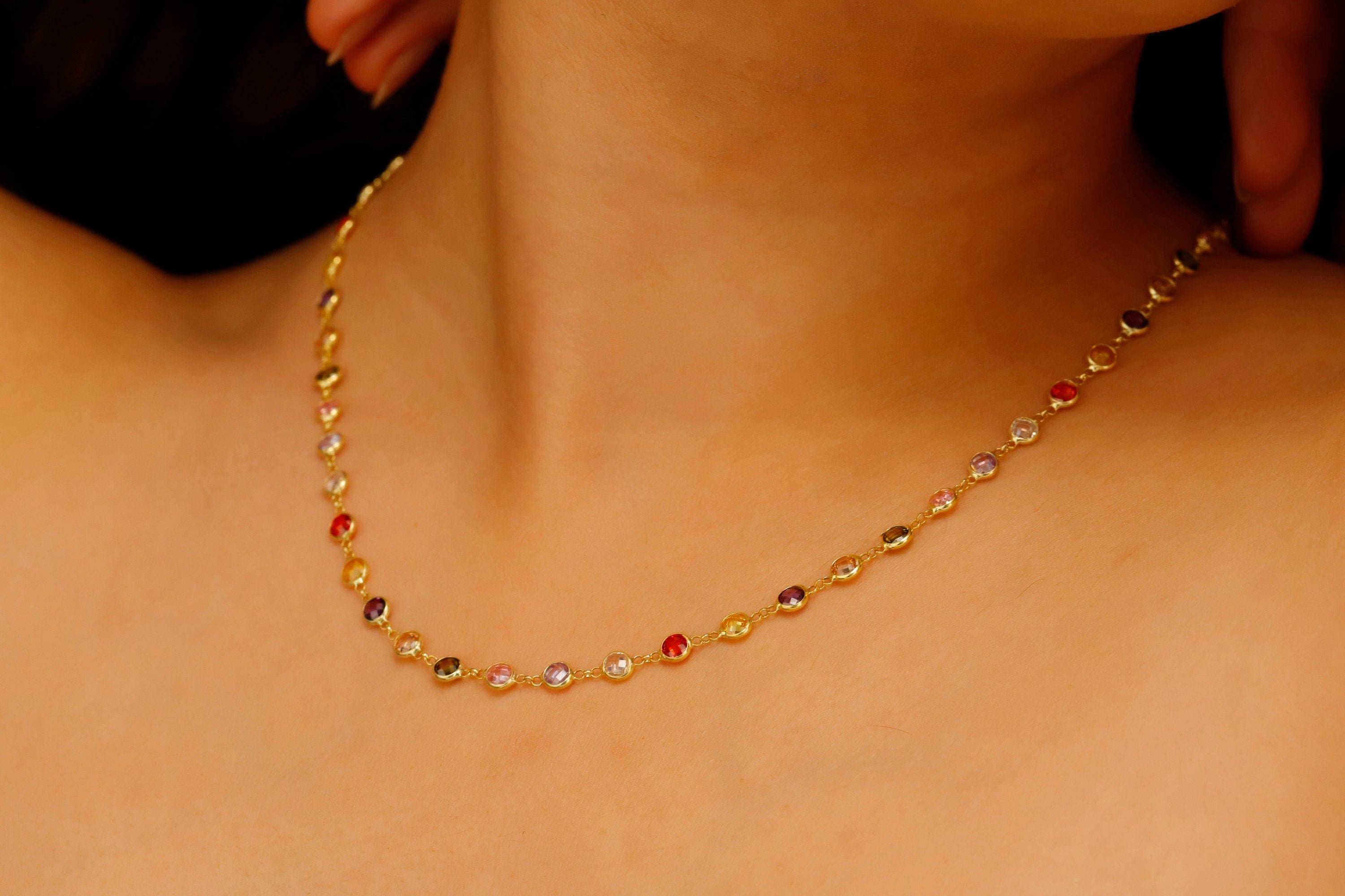 Multicolor Baguette Necklace, 925 Sterling Silver Charm Jewelry