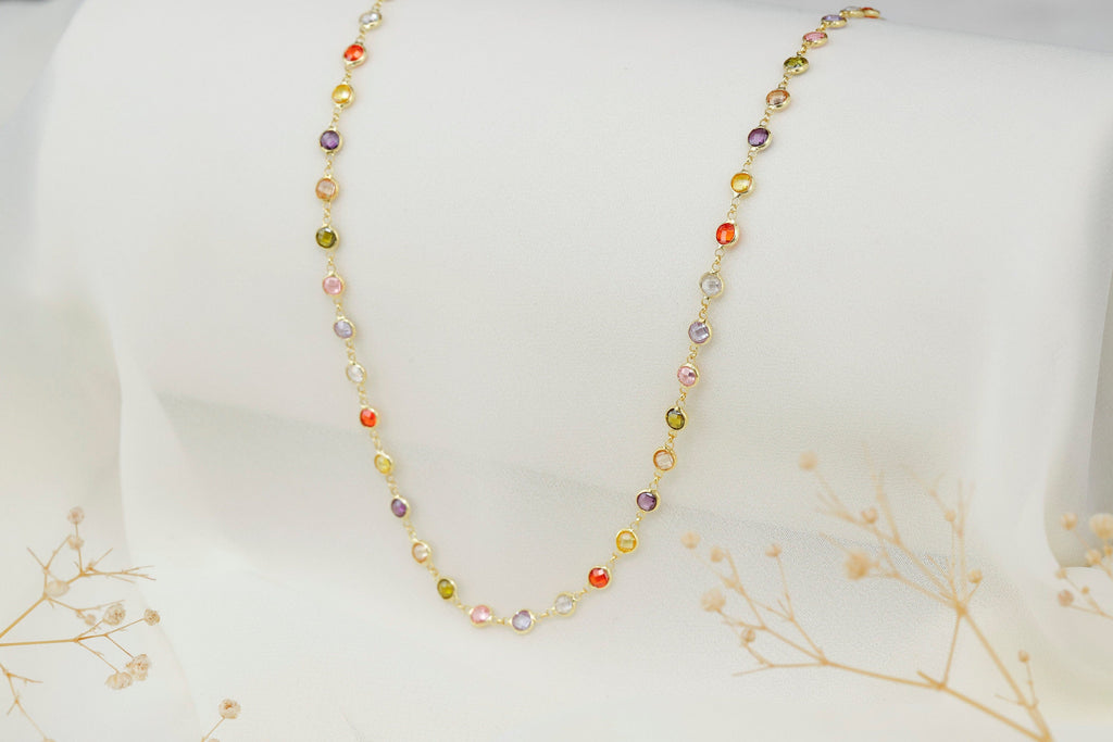 Multicolor Baguette Necklace, 925 Sterling Silver Charm Jewelry