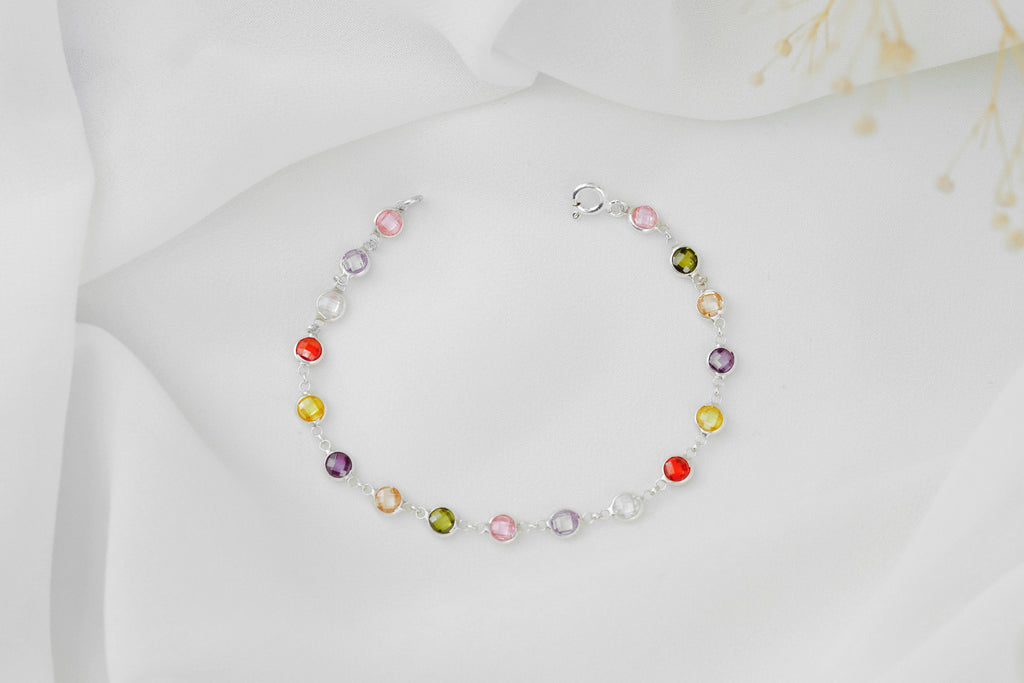 Rainbow Baguette Bracelet, 925 Sterling Silver Multi-Station