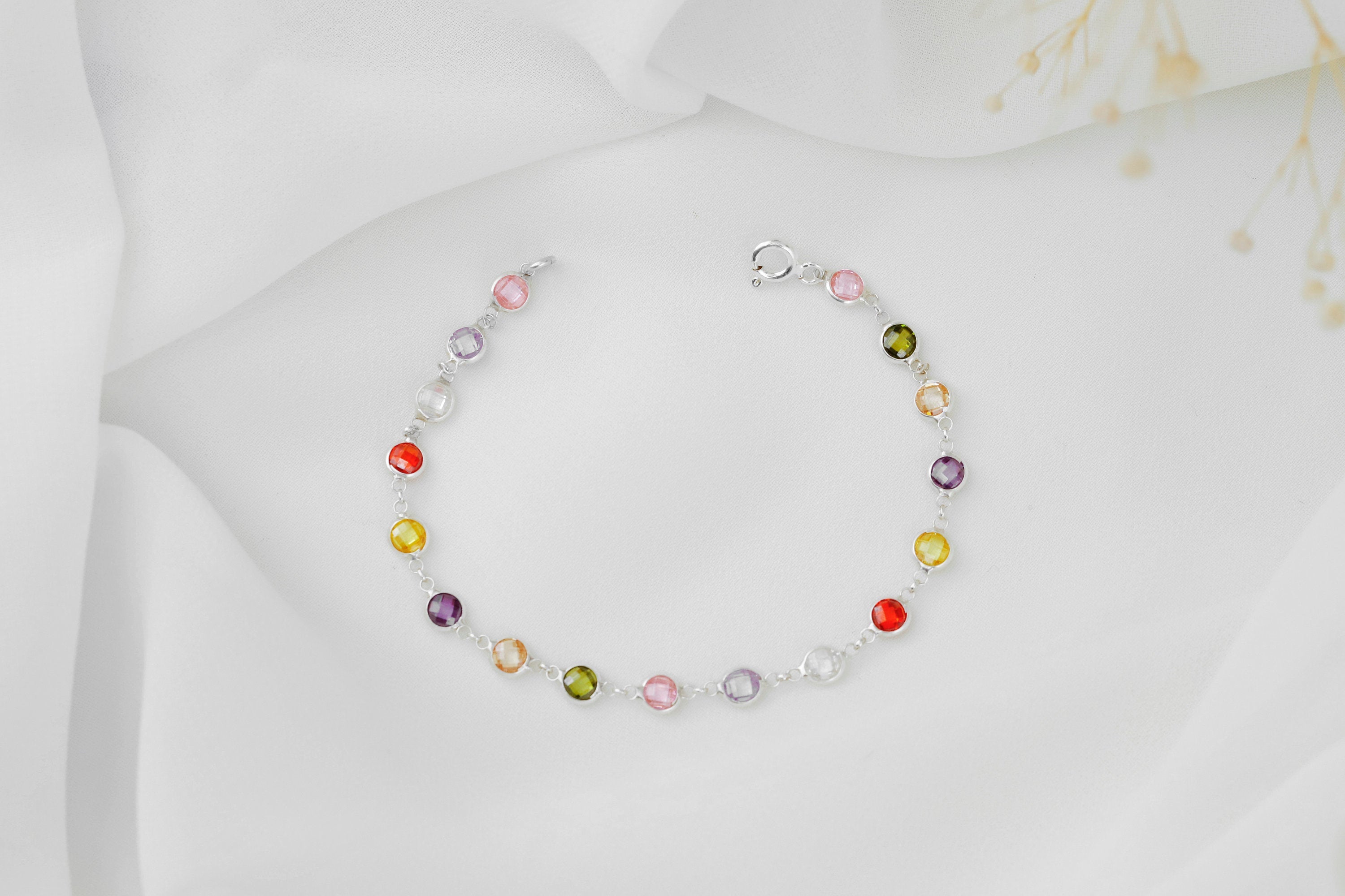 Rainbow Baguette Bracelet, 925 Sterling Silver Multi-Station