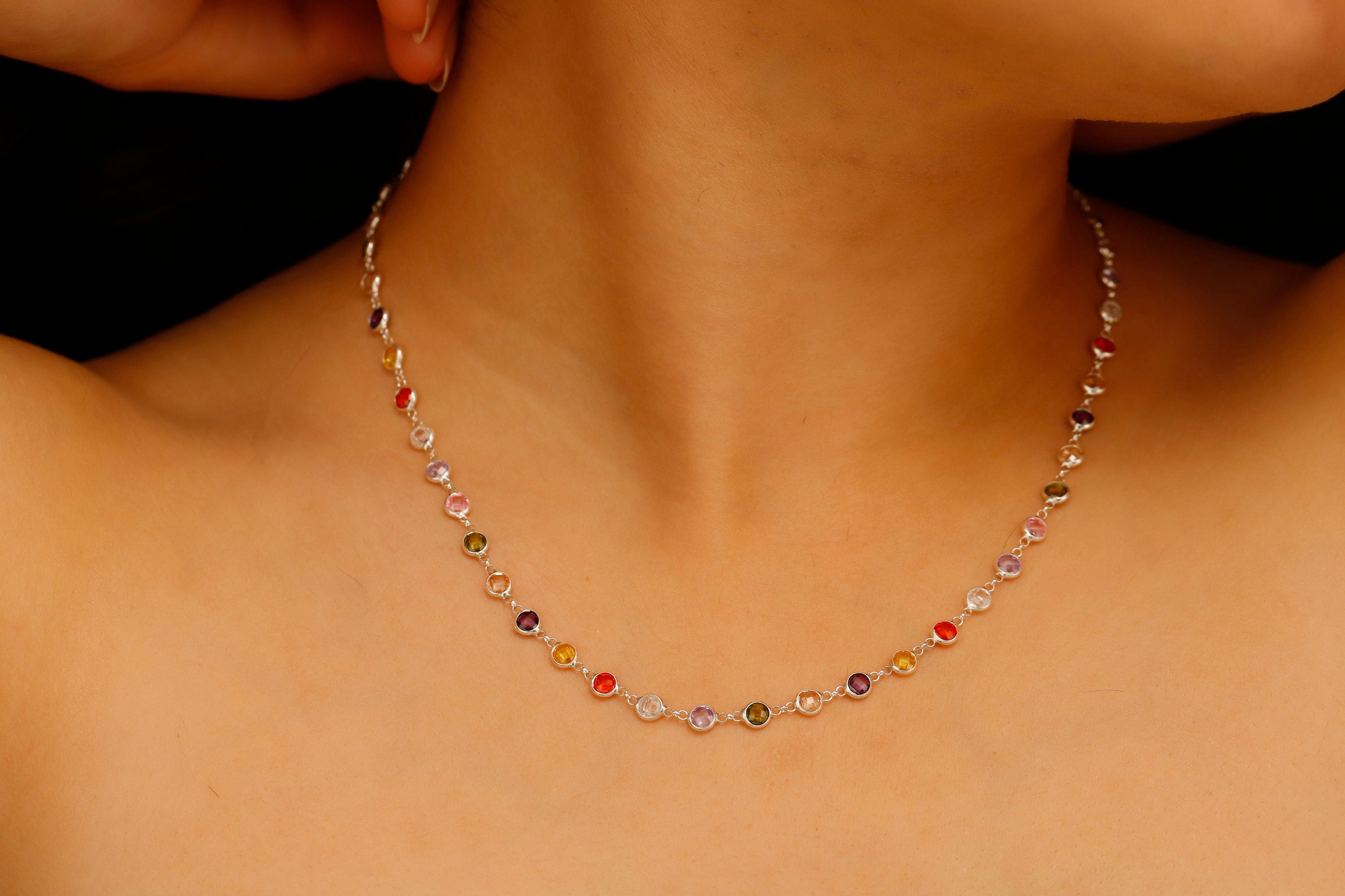 Multicolor Baguette Necklace, 925 Sterling Silver Charm Jewelry