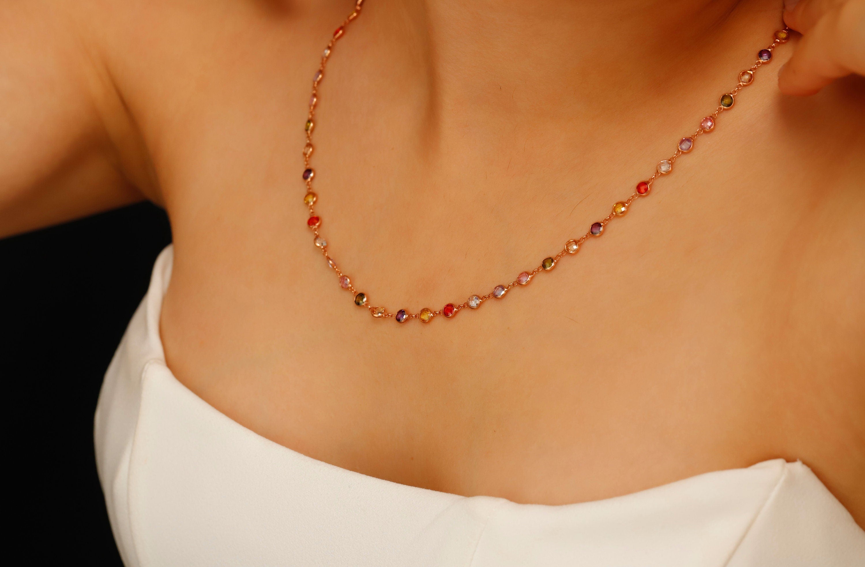 Multicolor Baguette Necklace, 925 Sterling Silver Charm Jewelry