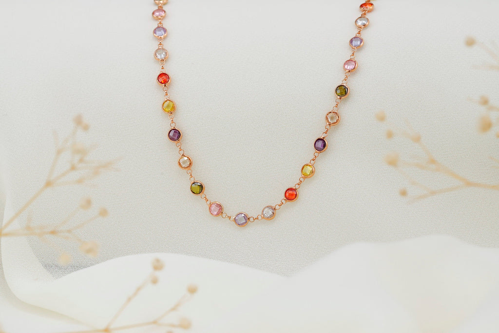 Multicolor Baguette Necklace, 925 Sterling Silver Charm Jewelry