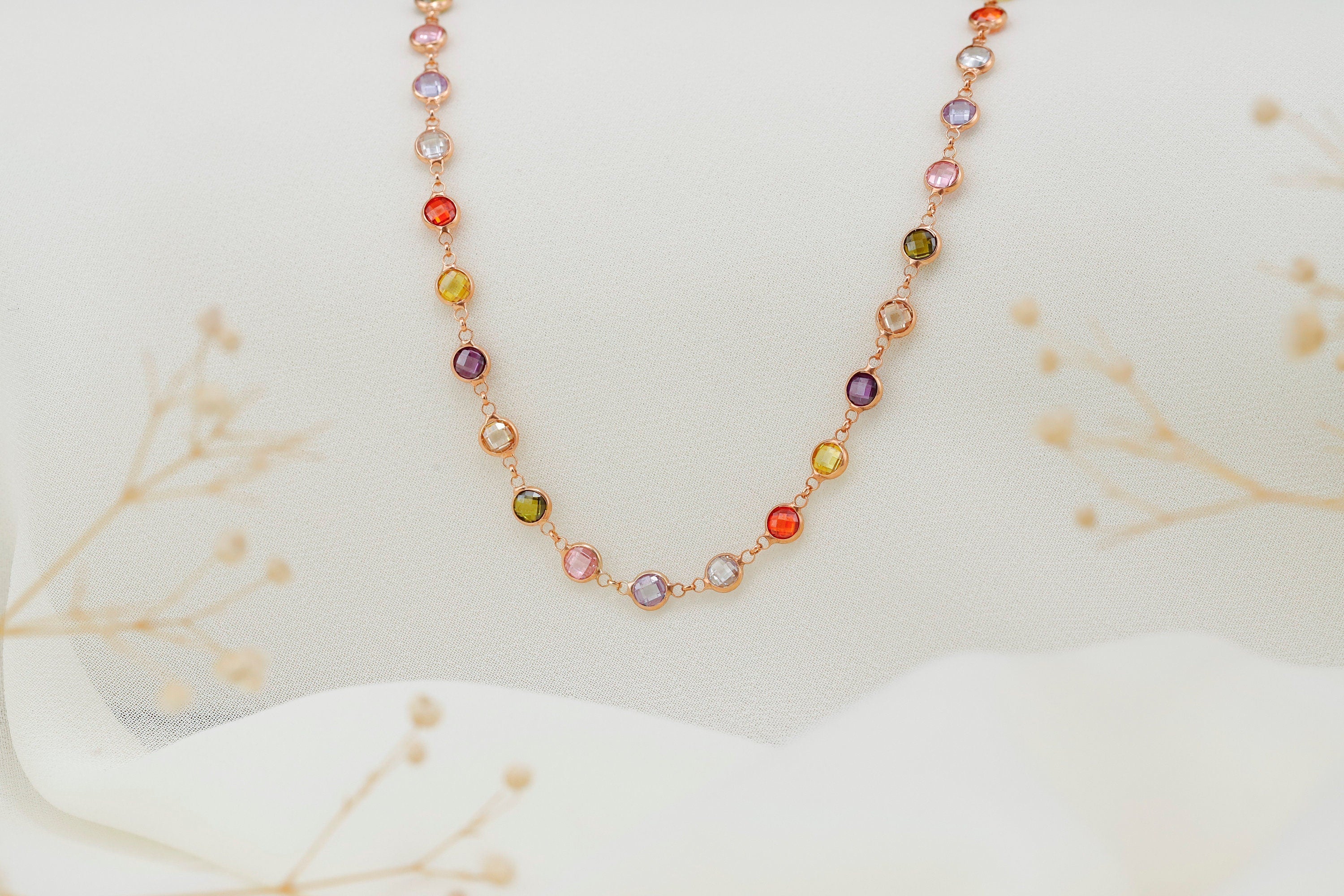 Multicolor Baguette Necklace, 925 Sterling Silver Charm Jewelry