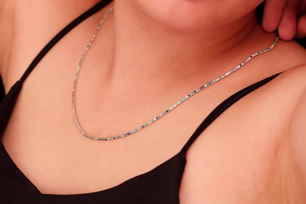 Rainbow Tennis Necklace, 14K Gold Filled Colorful CZ Necklace