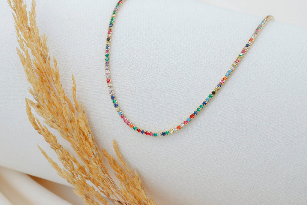 Rainbow Tennis Necklace, 14K Gold Filled Colorful CZ Necklace