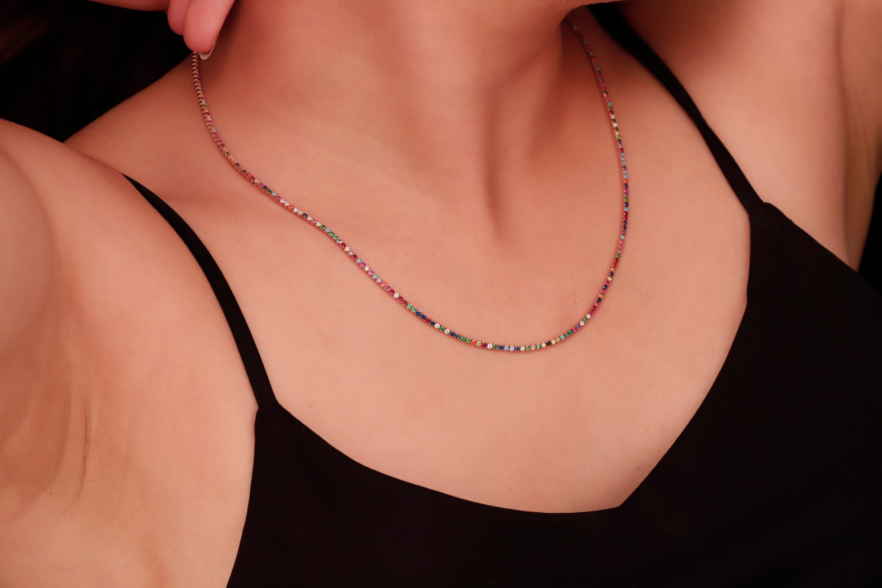 Rainbow Tennis Necklace, 14K Gold Filled Colorful CZ Necklace