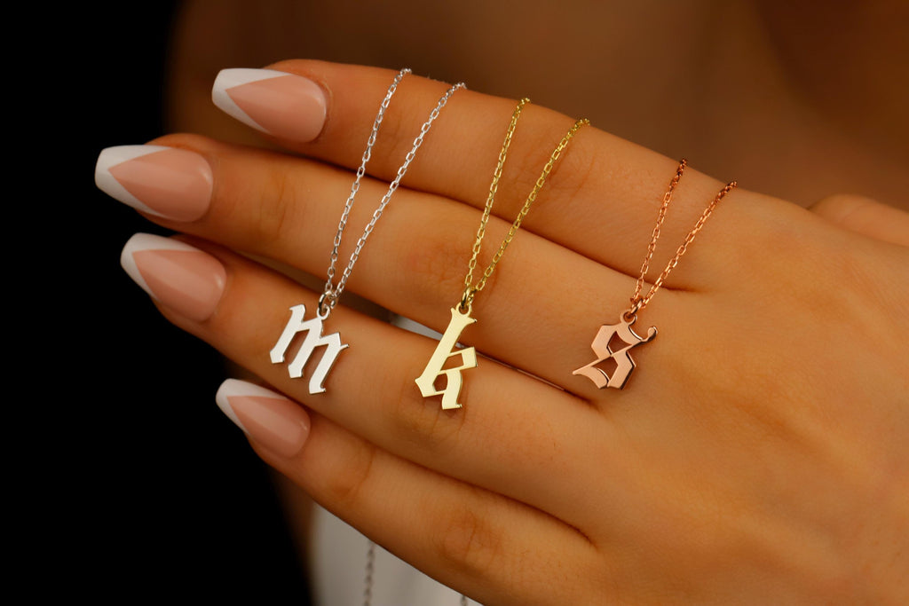 Old English Letter Necklace, 925 Sterling Silver Initial Pendant