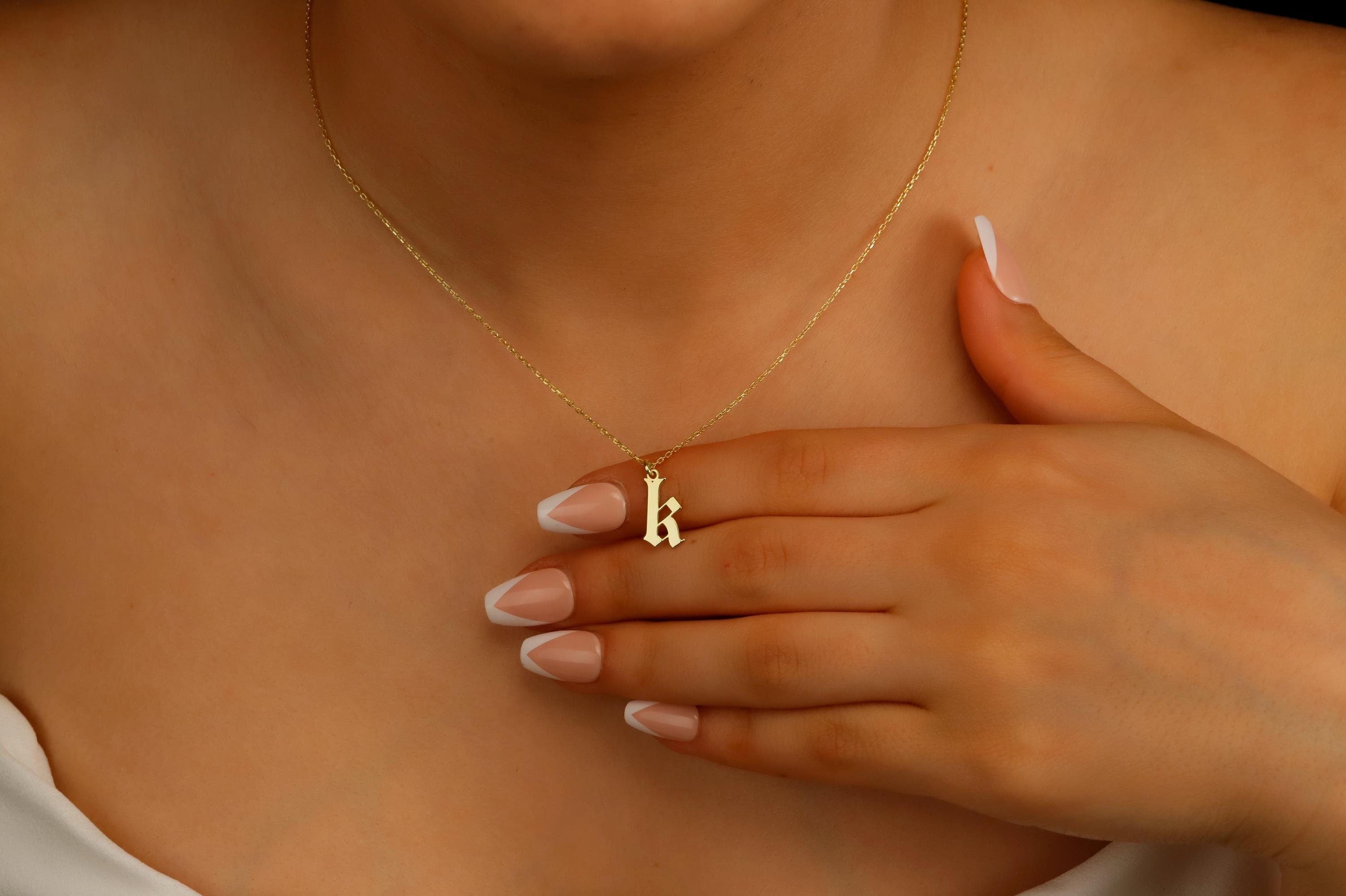 Old English Letter Necklace, 925 Sterling Silver Initial Pendant