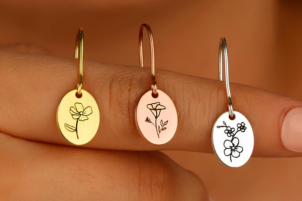 Birth Flower Earrings, Sterling Silver Dainty Dangle Earrings