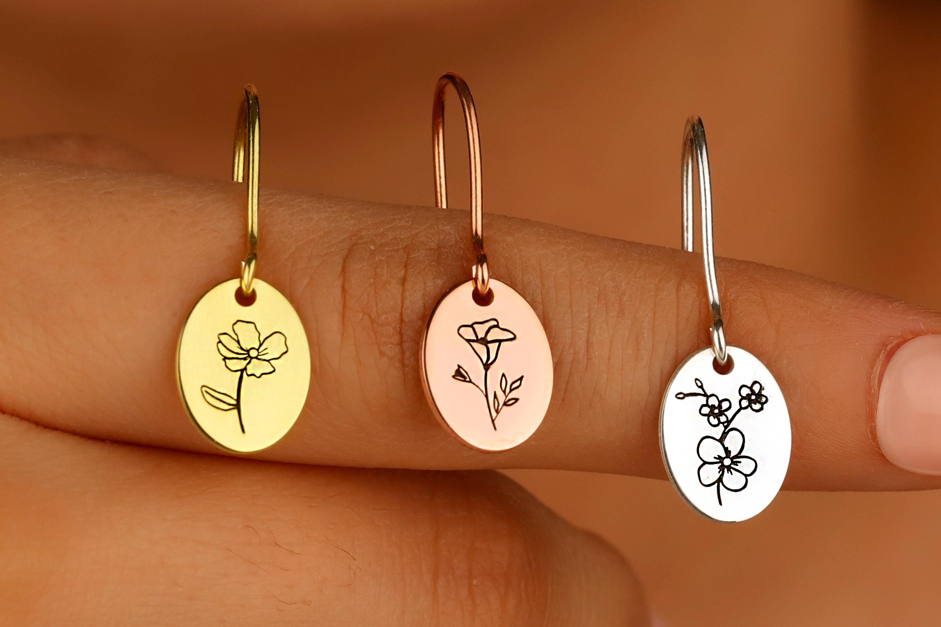 Birth Flower Earrings, Sterling Silver Dainty Dangle Earrings