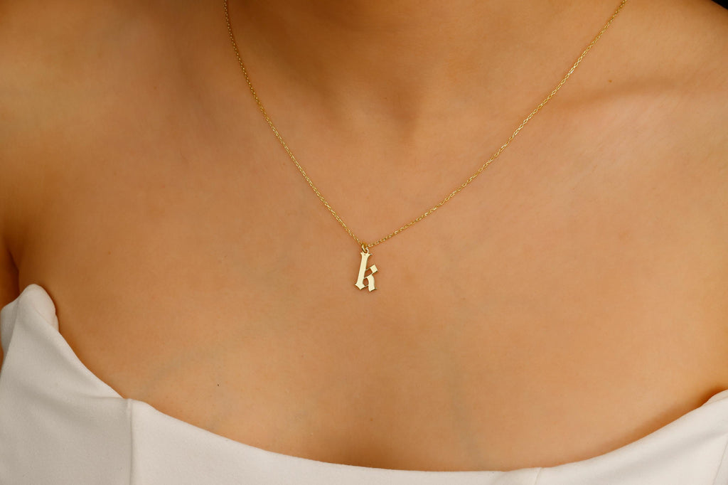 Old English Letter Necklace, 925 Sterling Silver Initial Pendant