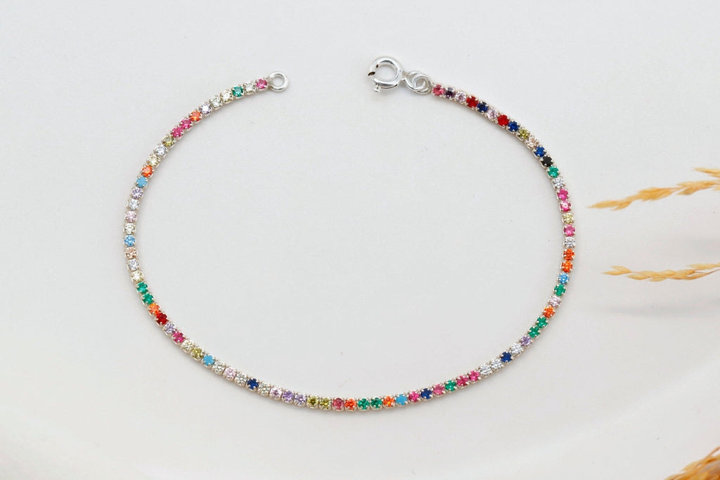 Rainbow Bead Bracelet, Sterling Silver Multicolor Beaded Bracelet