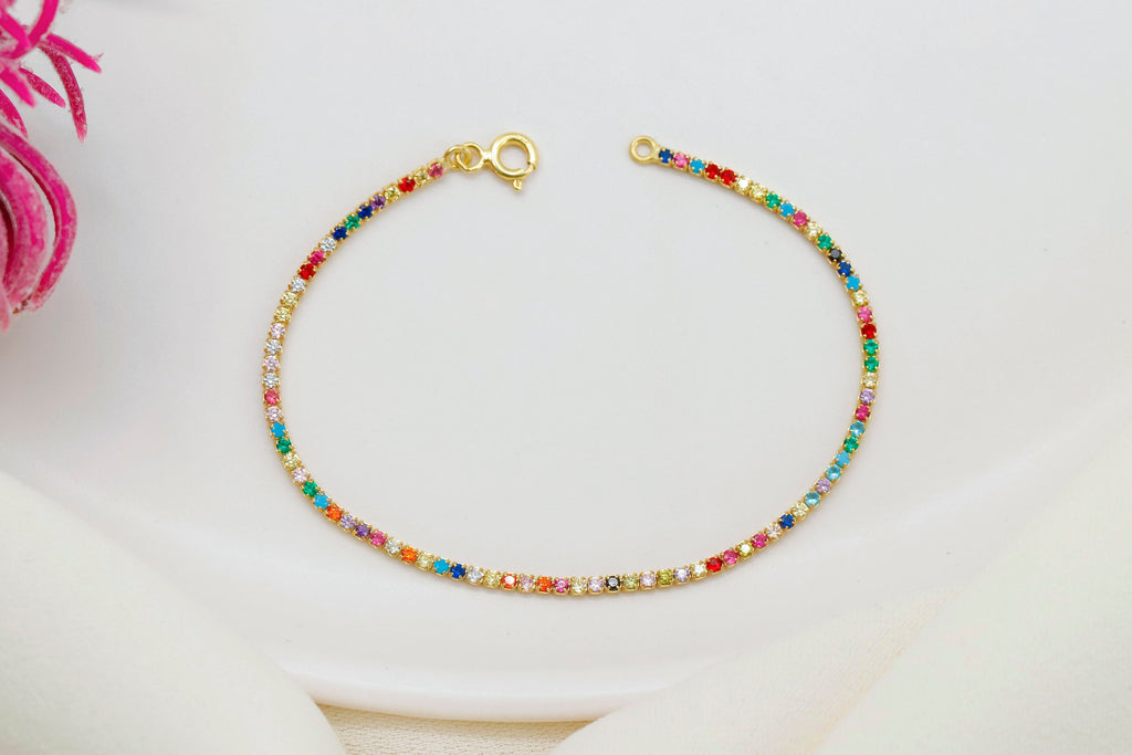 Rainbow Bead Bracelet, Sterling Silver Multicolor Beaded Bracelet