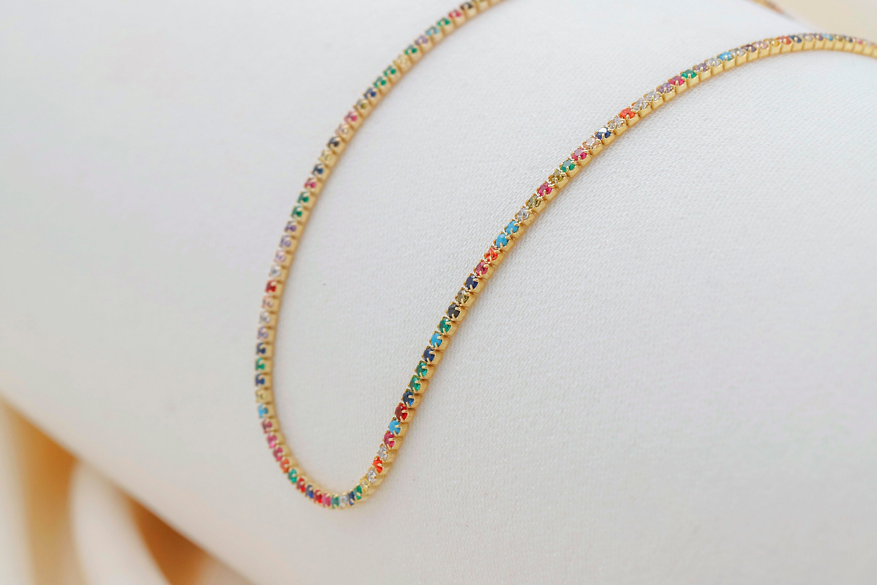 Rainbow Tennis Necklace, 14K Gold Filled Colorful CZ Necklace