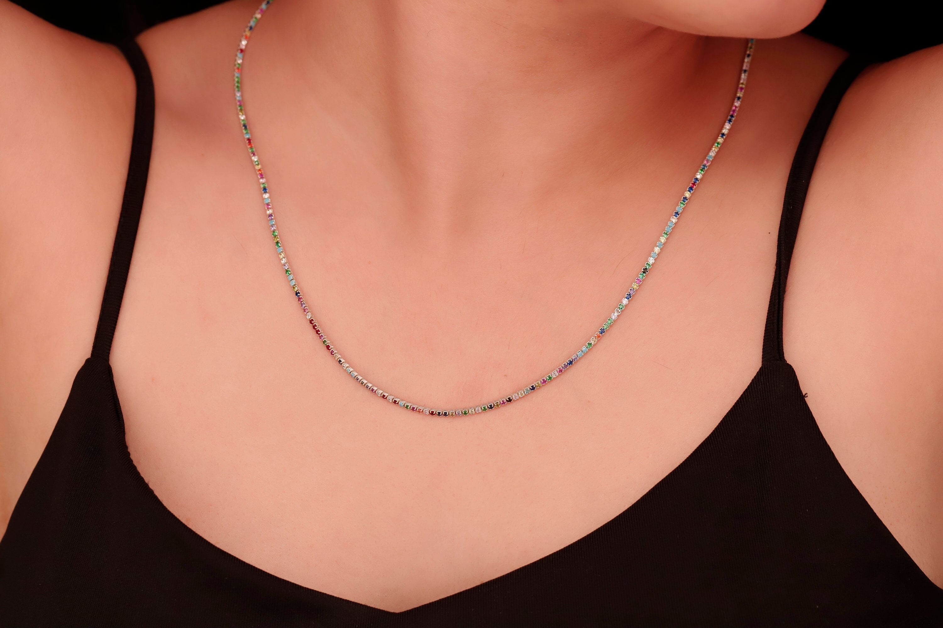 Rainbow Tennis Necklace, 14K Gold Filled Colorful CZ Necklace