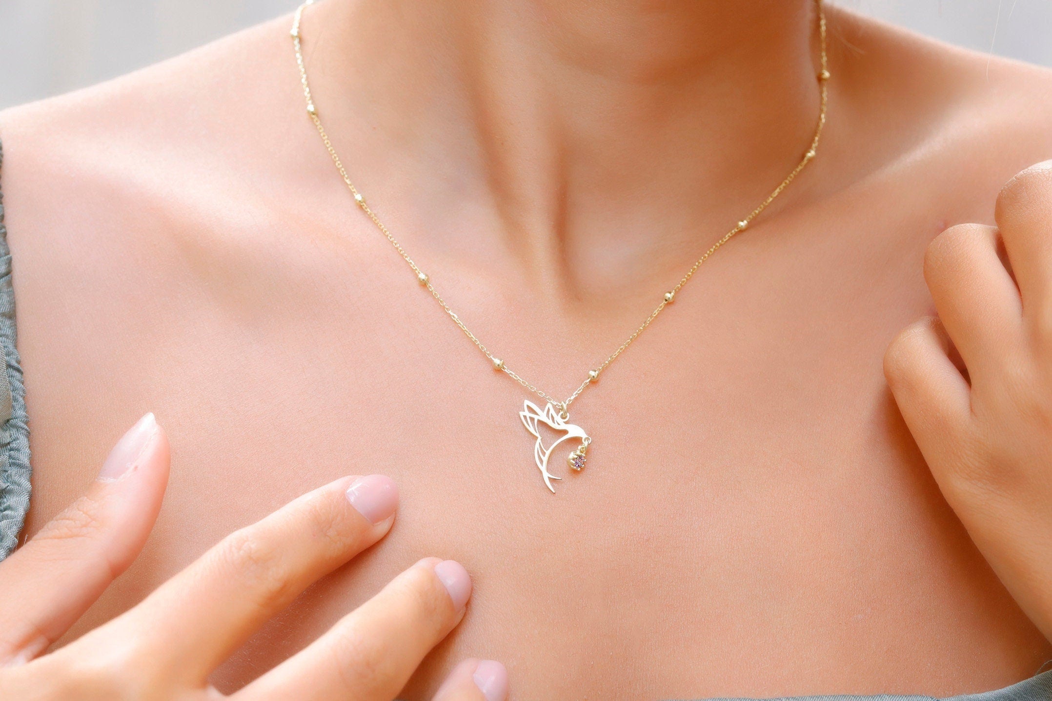 Hummingbird Birthstone Necklace, 925 Sterling Silver Bird Pendant