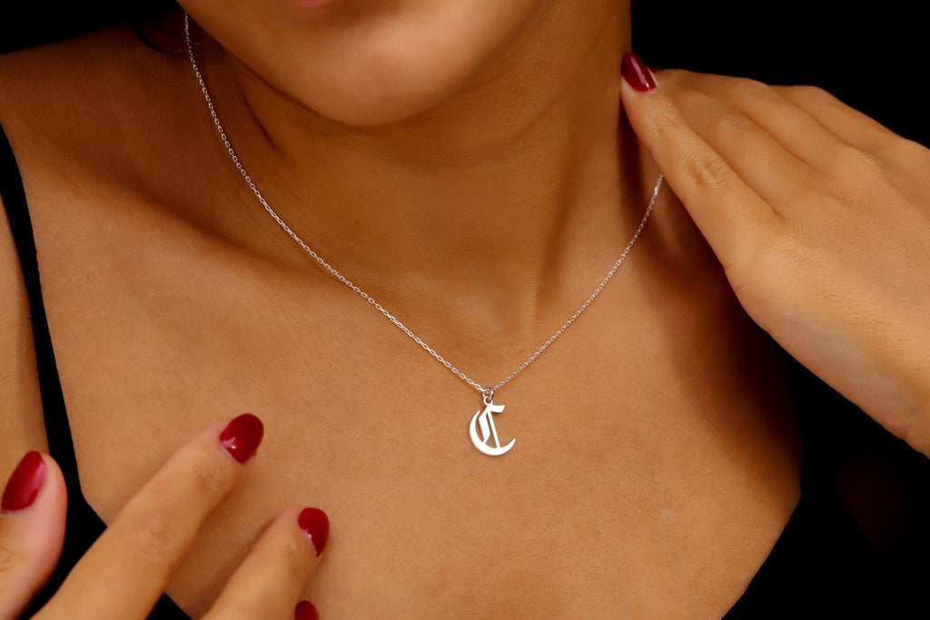 Old English Letter Necklace, 925 Sterling Silver Initial Pendant
