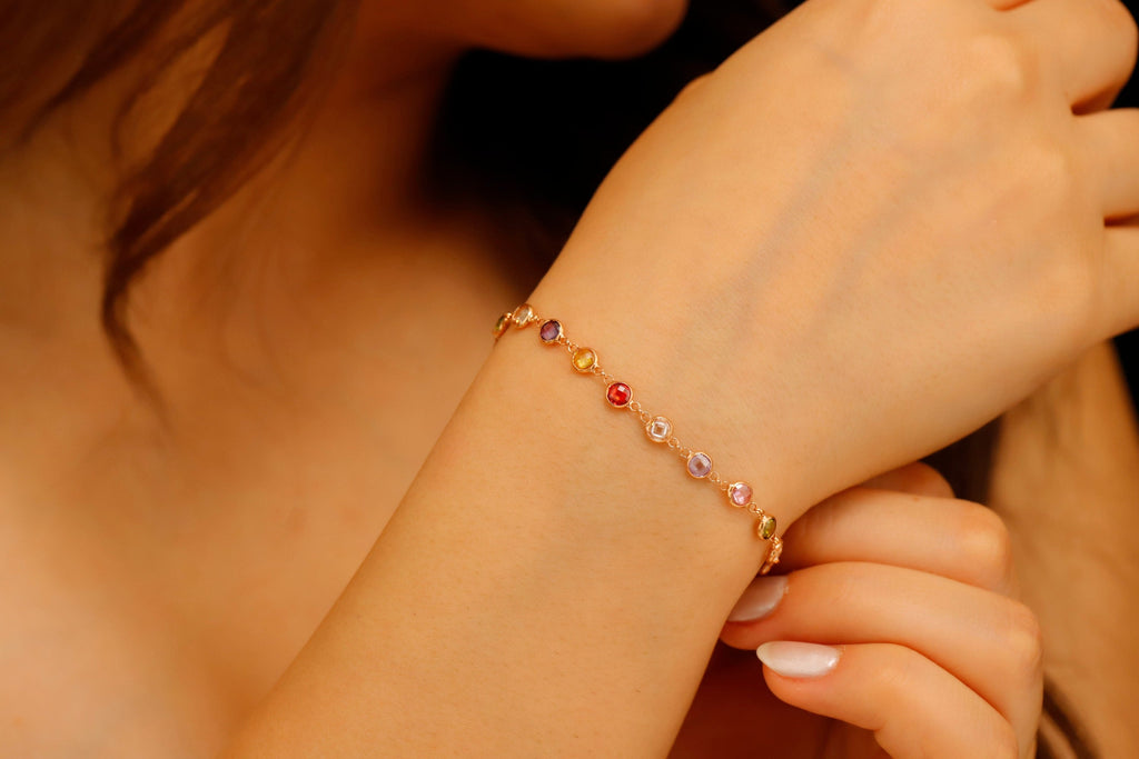 Rainbow Baguette Bracelet, 925 Sterling Silver Multi-Station