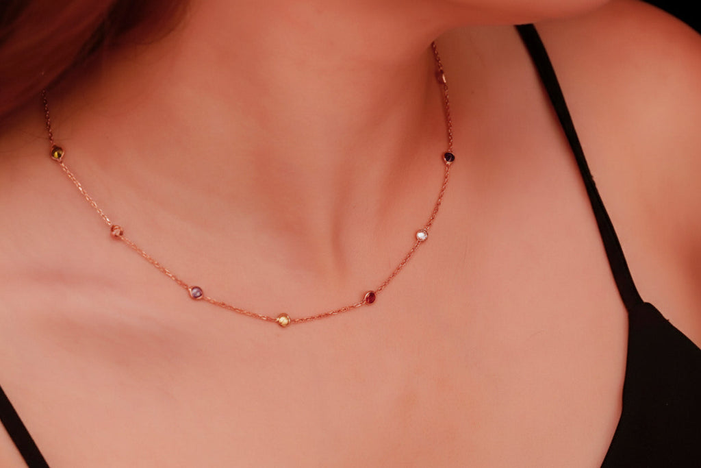Rainbow Gemstone Necklace, 925 Sterling Silver Dainty Necklace