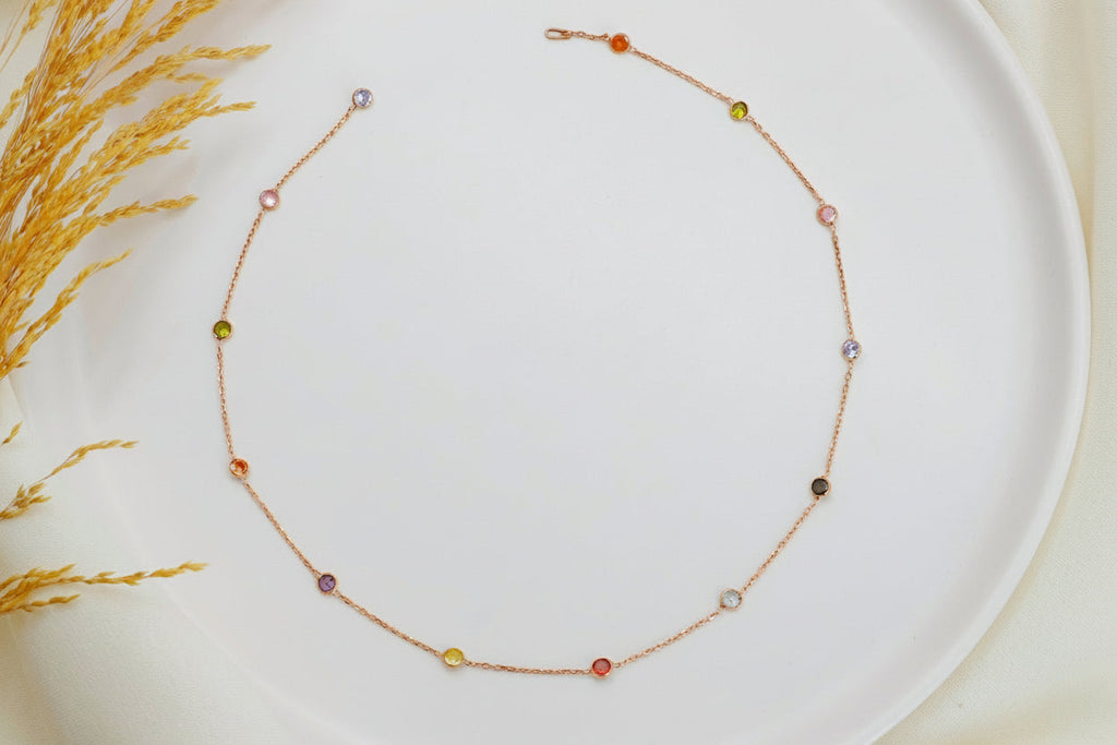 Rainbow Gemstone Necklace, 925 Sterling Silver Dainty Necklace