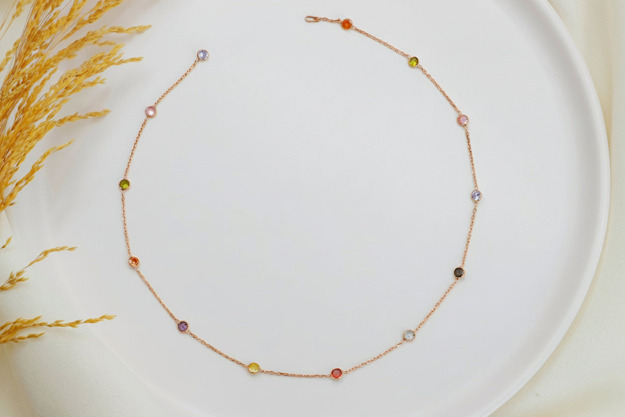 Rainbow Gemstone Necklace, 925 Sterling Silver Dainty Necklace