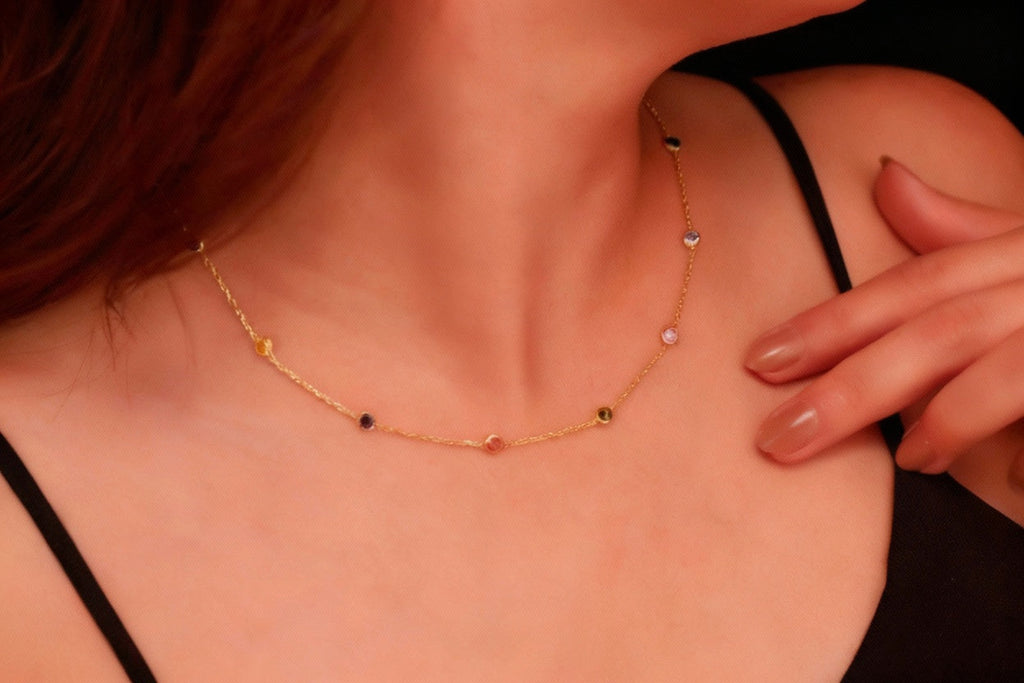 Rainbow Gemstone Necklace, 925 Sterling Silver Dainty Necklace