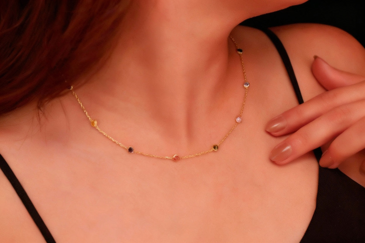 Rainbow Gemstone Necklace, 925 Sterling Silver Dainty Necklace
